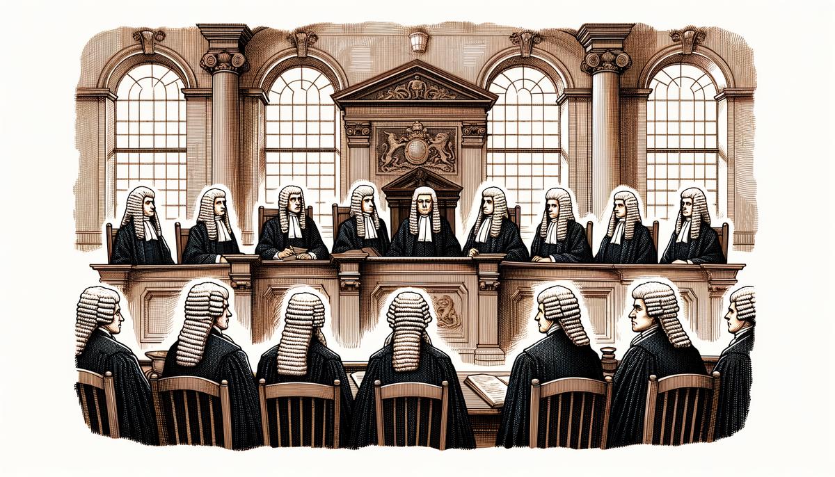 An illustration of the Supreme Court Justices sitting at the bench during the Chisholm v. Georgia case in 1793, which led to the ratification of the 11th Amendment.