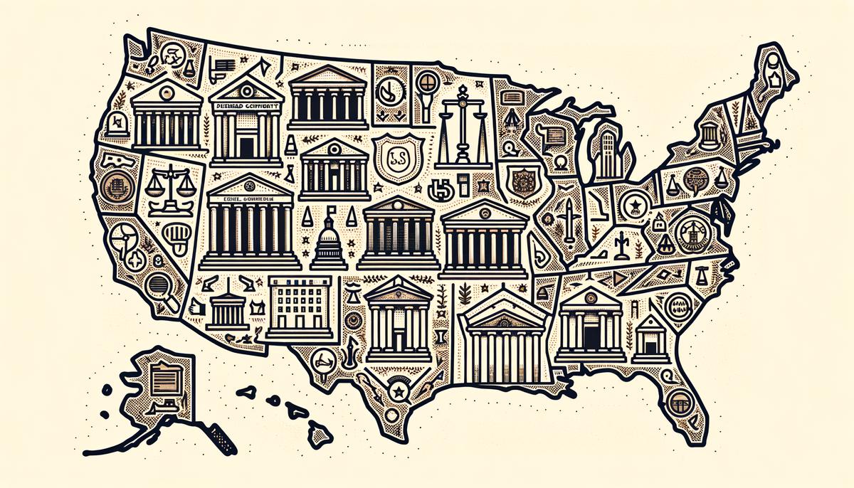 A map of the United States, with federal and state courthouses marked, illustrating the varied application of the Seventh Amendment's jury trial provisions across the nation's judicial systems.