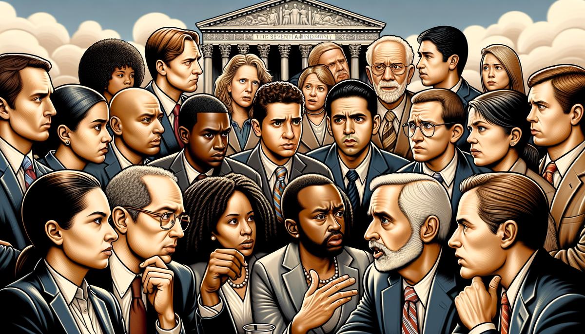 A group of people engaged in a discussion, representing the contemporary challenges and critiques faced by the Seventh Amendment, such as the decline in jury trials and the complexities of modern civil litigation.