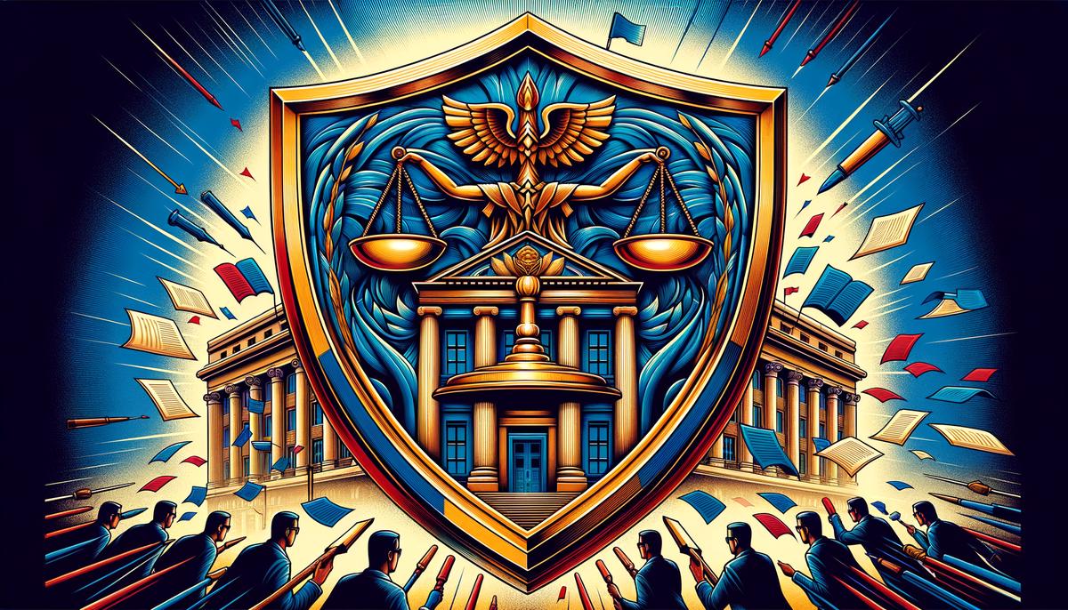 An abstract representation of the concept of sovereign immunity, with a shield protecting a government building from legal challenges.