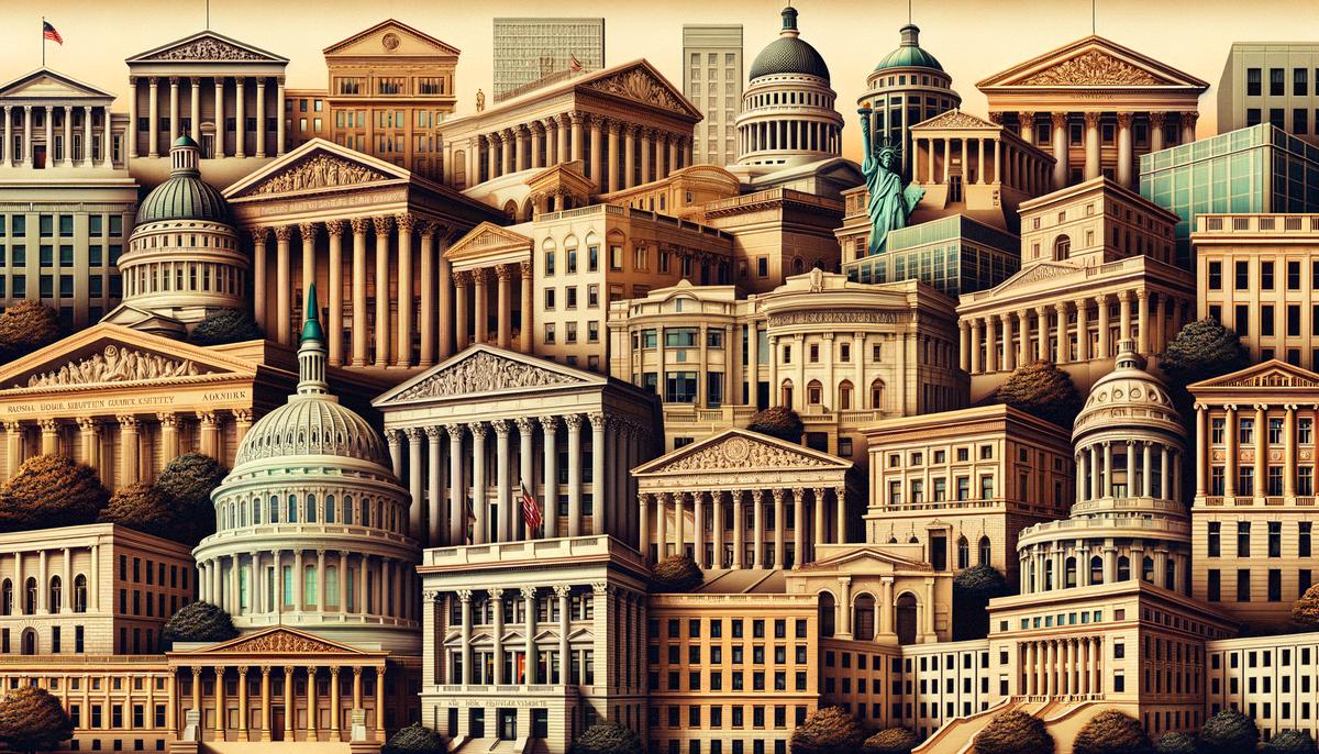 A collage of state court buildings, representing the diverse application of sovereign immunity across different jurisdictions.